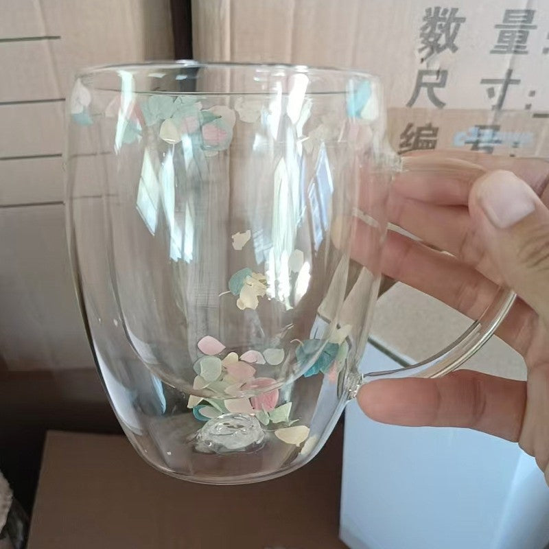 Double-layer floral glass cup with handle