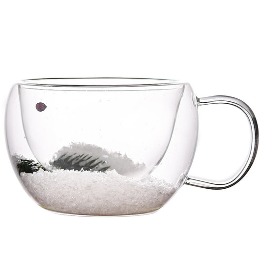 Double-layer floral glass cup with handle