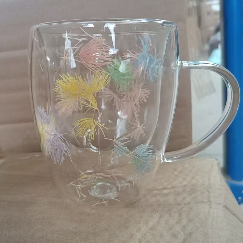 Double-layer floral glass cup with handle