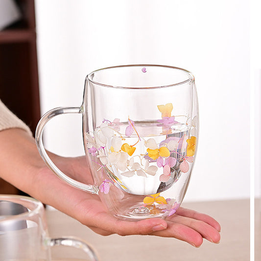 Double-layer floral glass cup with handle