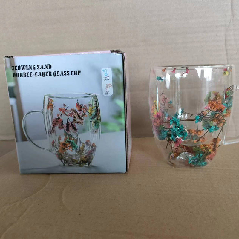 Double-layer floral glass cup with handle