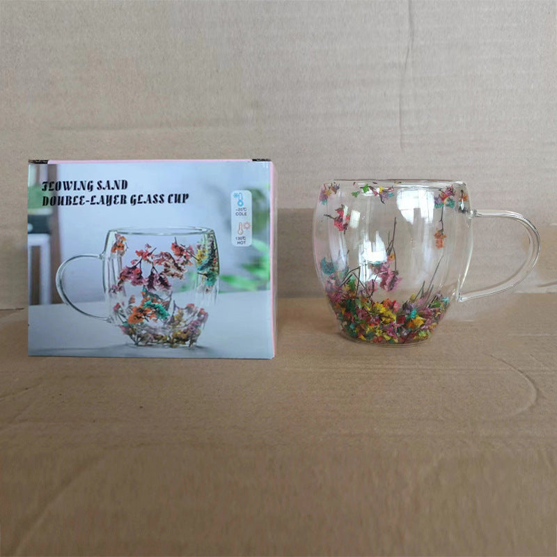 Double-layer floral glass cup with handle