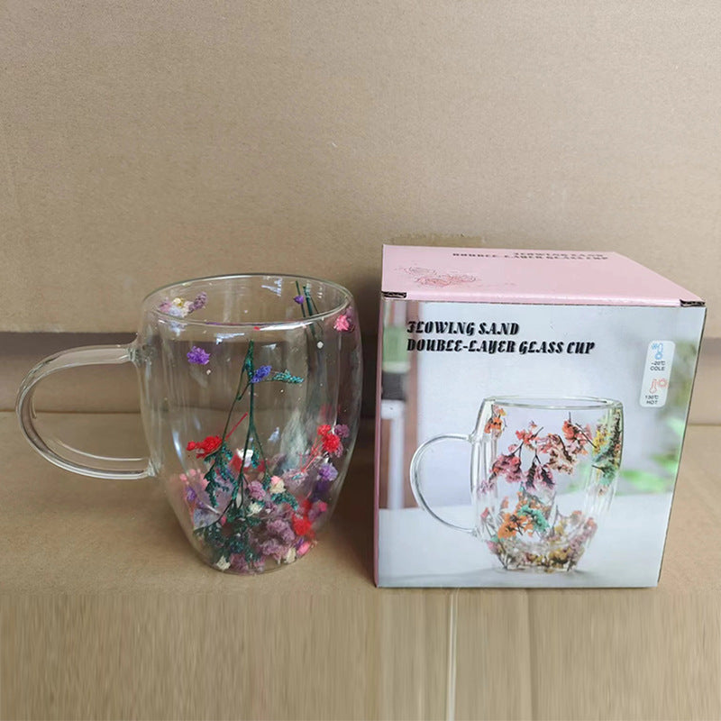 Double-layer floral glass cup with handle